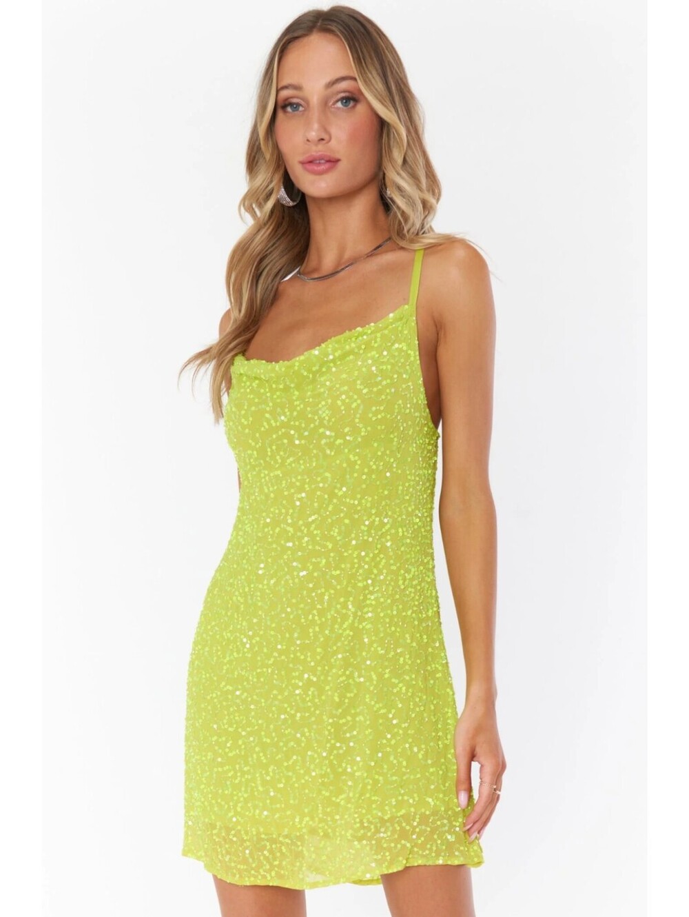 Show Me Your Mumu Suzanna Slip Dress M Neon Lime Yellow Sequin Cowl Neck Mini